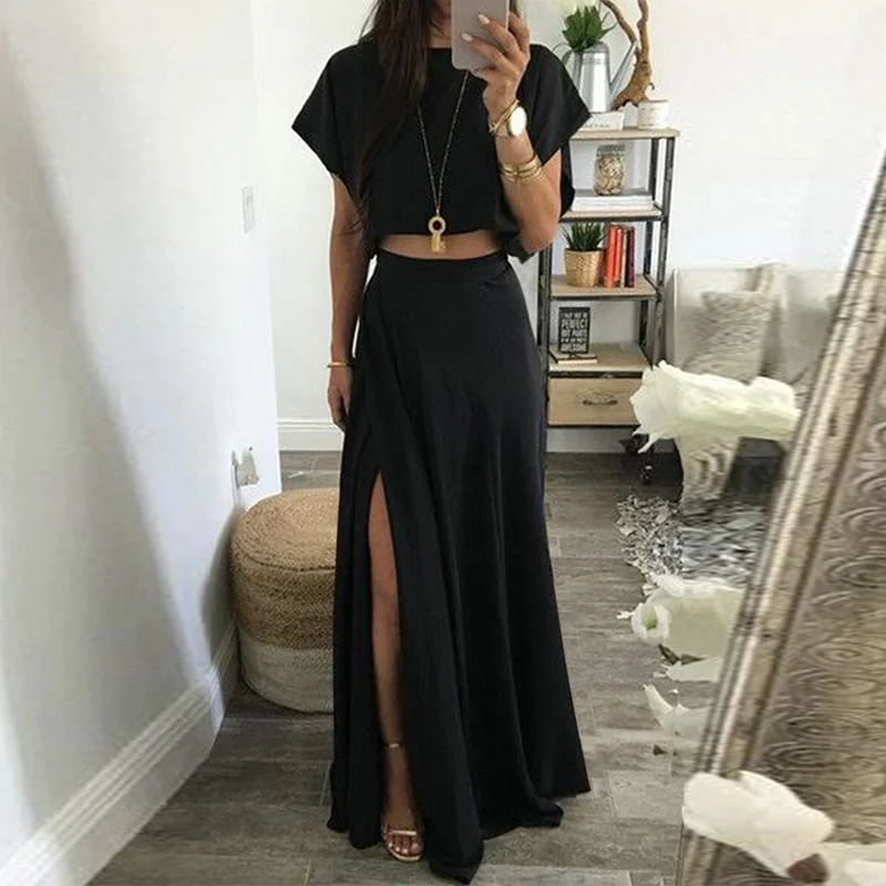 CHICDEAR Women Elegant Sets Short Sleeve Cropped Top And High Waist Split Hem Skirt Solid Summer Casual 2Pcs Outfits Dress Sets