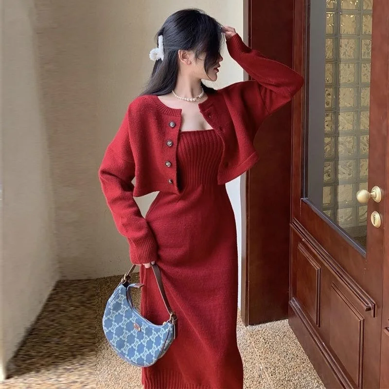 Chicdearshop korean fashion Knitted Cardigan Sweater Elegant Strap Dress Two-Piece Suit