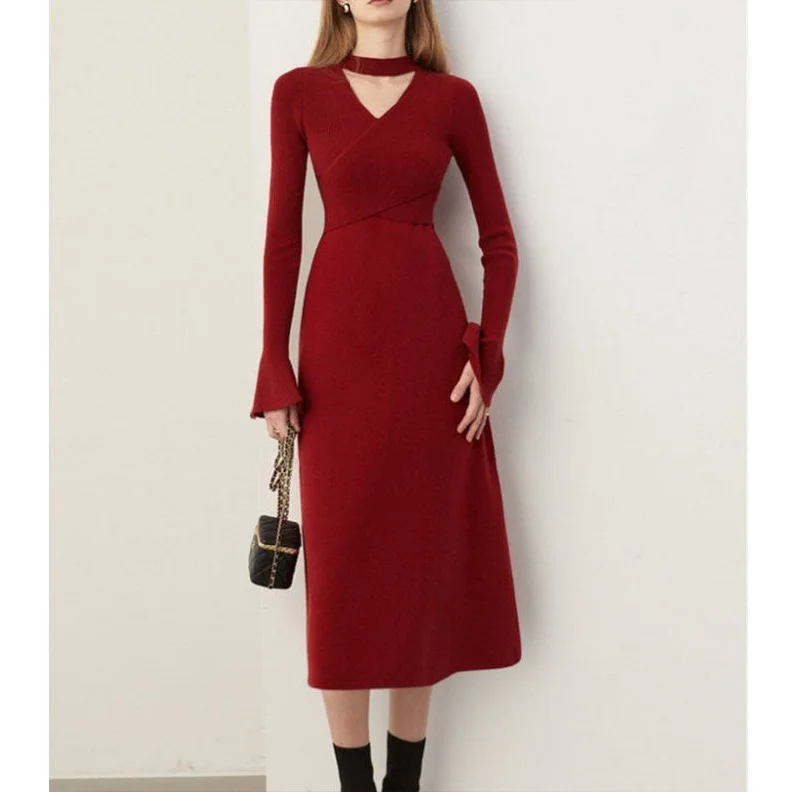 Chicdearshop winter outfits Black Friday Christmas Thanksgiving French Style Red Knitted Dress Women's Autumn and Winter Half Turtleneck Hollow-out Slim Sweater Dress