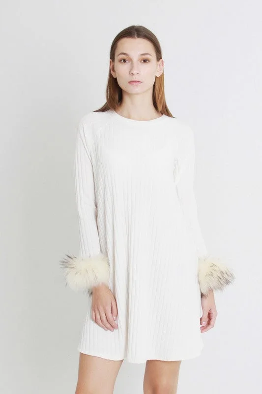 Elegant A-Line Faux Fur White Sweater Dress