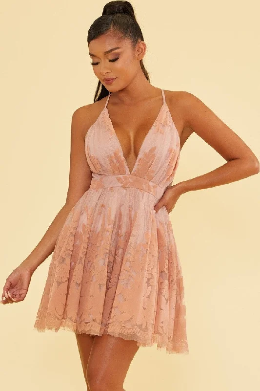 Elegant Blush Lace Layered Strap Deep V-Neck Ruffle Dress