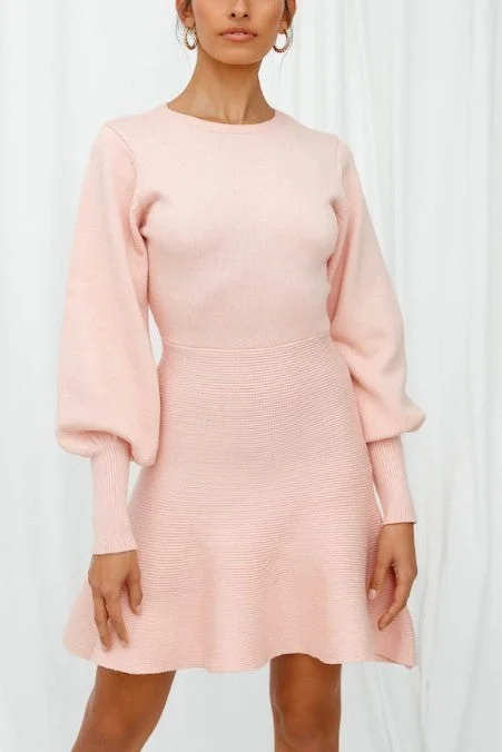 Fashion Blush Ruffle Sweater Dress with Bell Sleeve