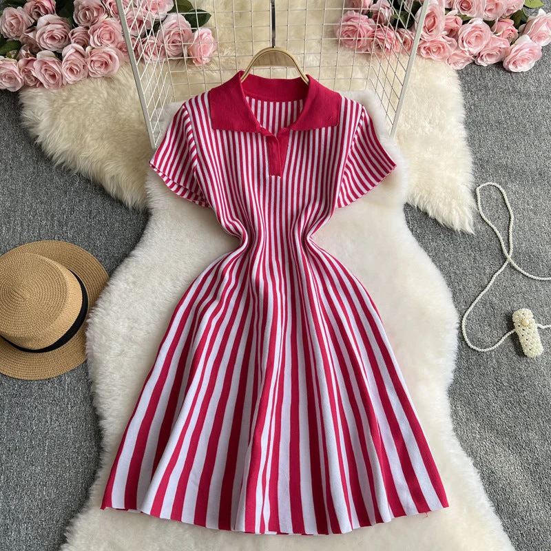 Girlary-shop alien invasion dress to impress French Style Niche Retro Contrast Color Lapel Short Sleeve Striped Dress Women's Waist Slimming Temperament A- line Knitted Skirt