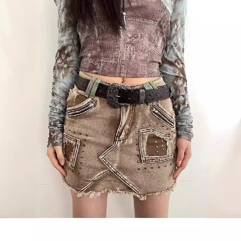 Girlary mall goth dress to impress Women's Clothing 2024 Summer New Design Hot Bead Denim Ripped Short Skirt