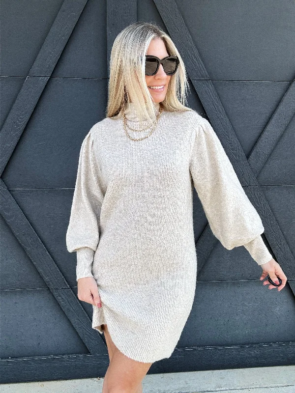 Mock Neck Puff-Sleeve  Knit Sweater Dress In Khaki