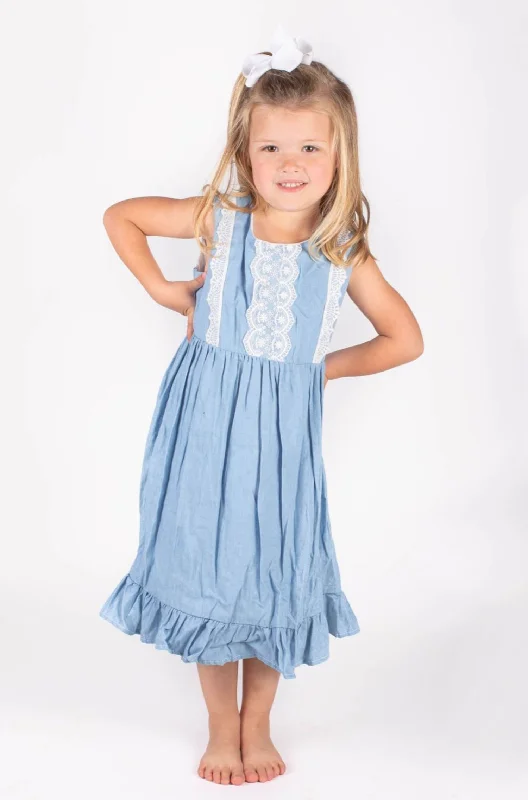 Popatu Little Girls Blue Chambray Lace Dress