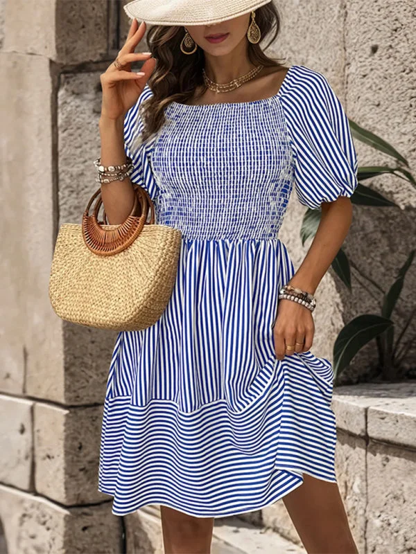 Blue Zone Planet |  puff sleeve striped skirt lapel short sleeve strappy backless dress