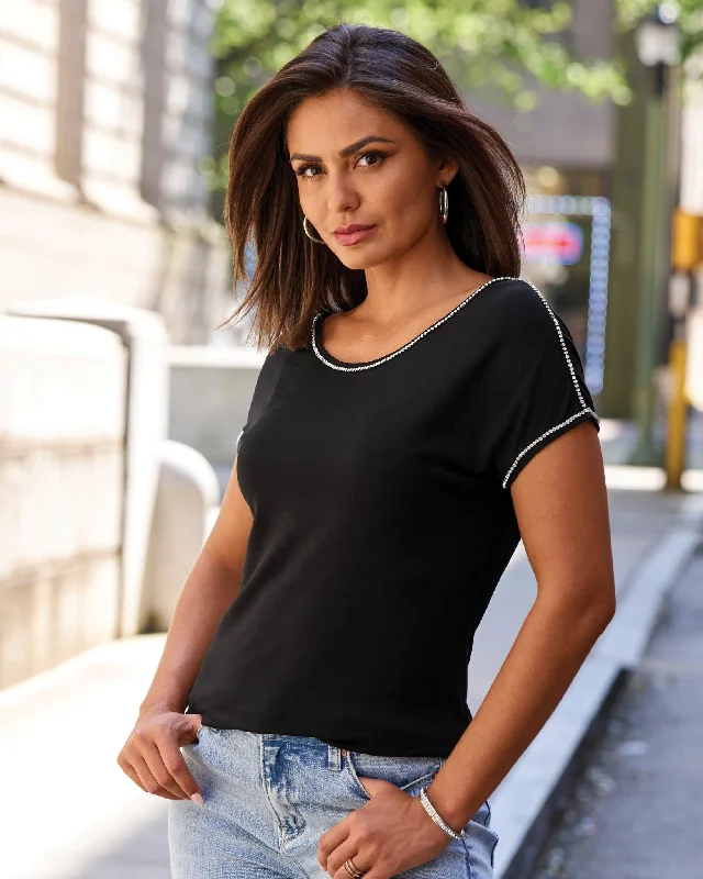 Rhinestone Trim Short-Sleeve Knit Tee Black