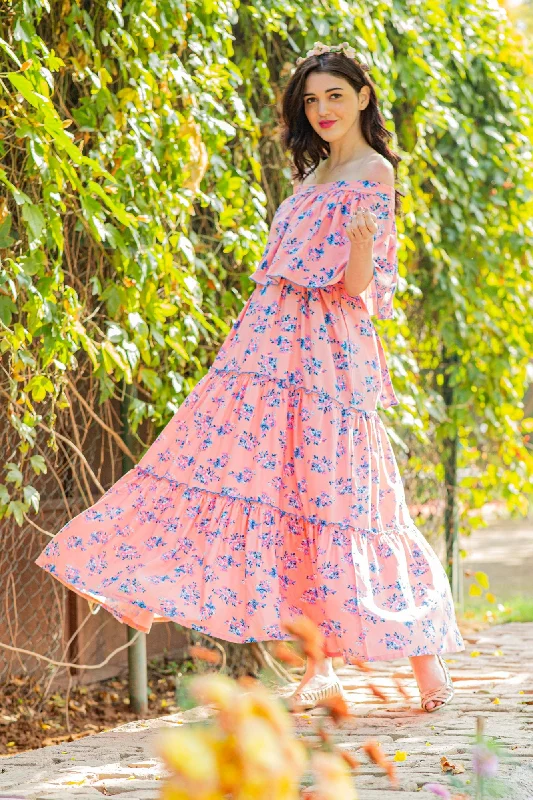 Botanical Pink Off-Shoulder Maternity Maxi Dress