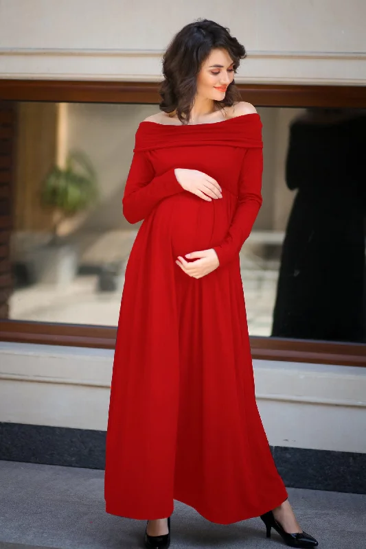 Classic Red Cowl Neck Off-shoulder Lycra Maternity Maxi Dress