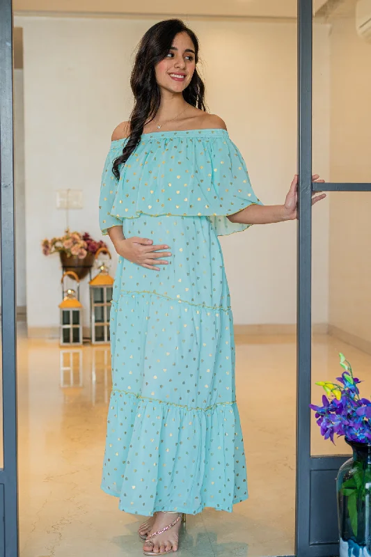 Classy Mint Love Off-Shoulder Chiffon Maternity Maxi Dress