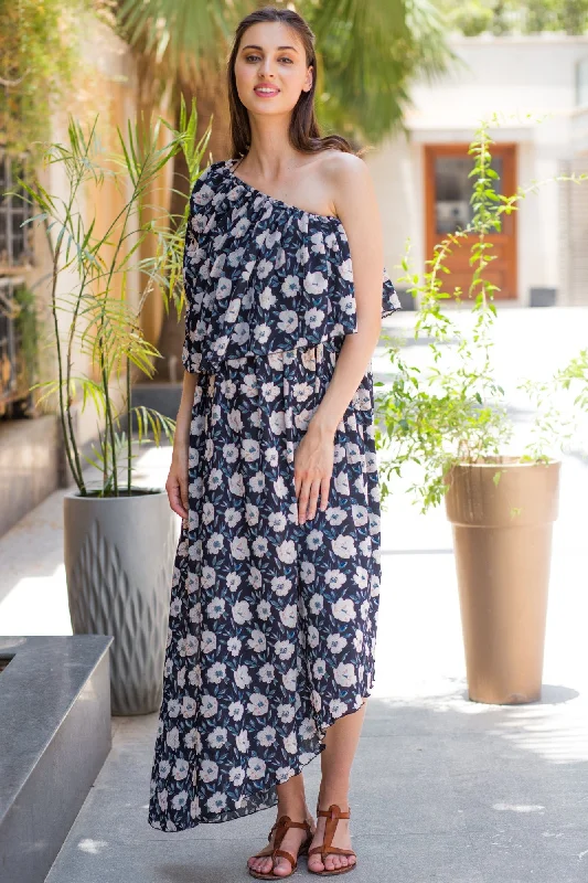 Ebony Floral Side Shoulder Hi Low Maternity Maxi Dress