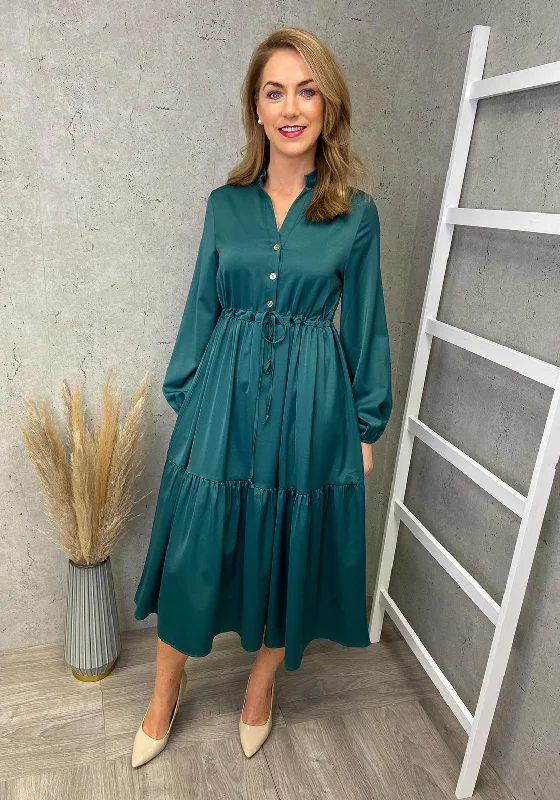 Seventy1 Satin Button Midi Smock Dress, Green