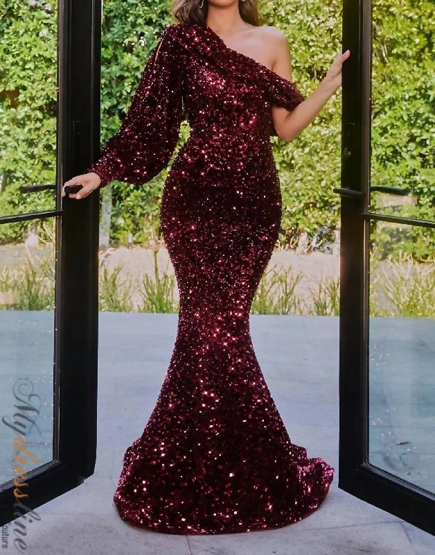 Asymmetrical Sequin Evening Dress In Deep Red