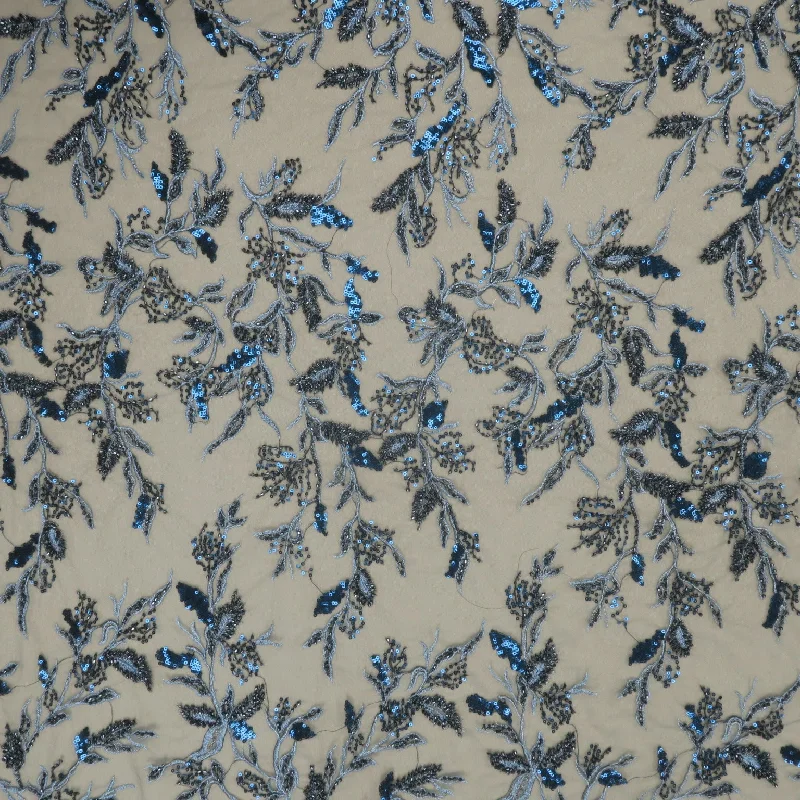 Blue Beaded and Sequined Flower Abstract Embroidered Tulle Fabric