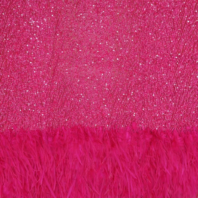 Fuchsia Feathered Sequined Embroidered Tulle Fabric