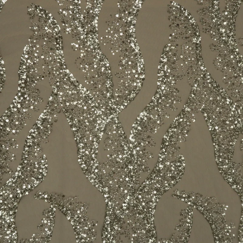 Gold Beaded and Sequined Abstract Embroidered Tulle Fabric