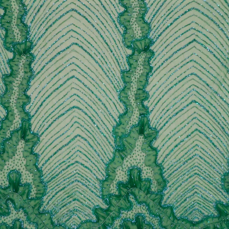 Green Modern Abstract Bugle Beads and Sequins Embroidered Tulle Fabric