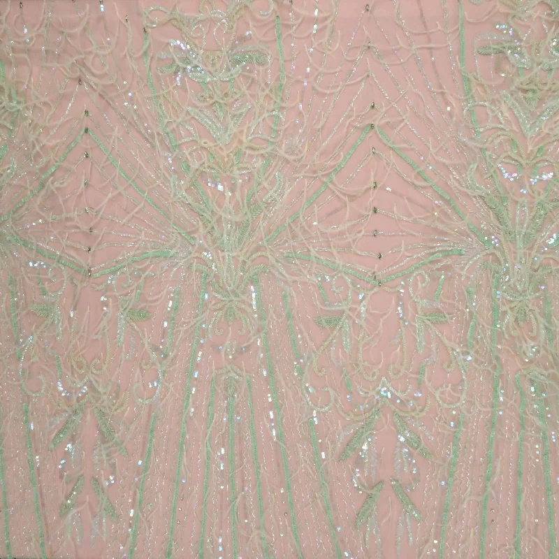 Light Green Bugle Beads Sequins and Feathers Abstract Embroidered Tulle Fabric