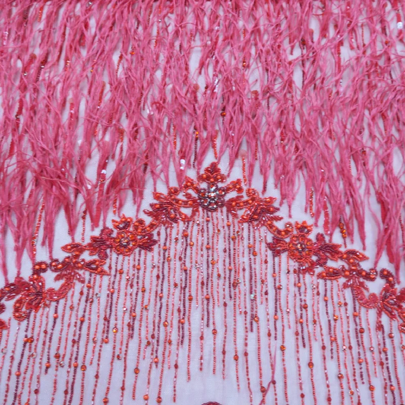 Red Feathered Sequined Embroidered Tulle Fabric