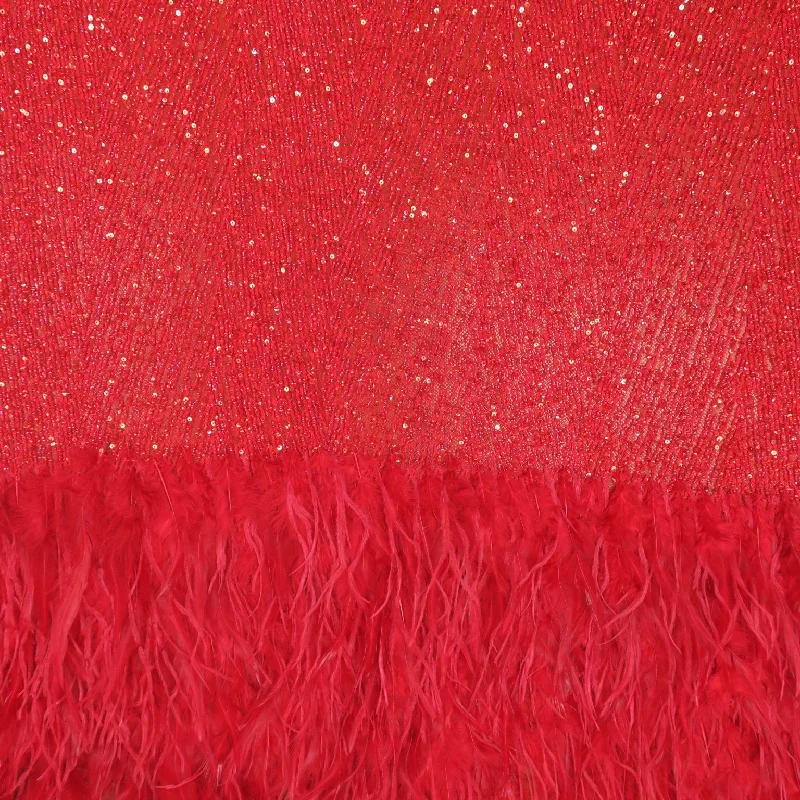 Red Feathered Sequined Embroidered Tulle Fabric