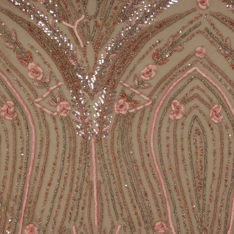 Rose Gold Sequined and Beaded Embroidered Tulle Fabric