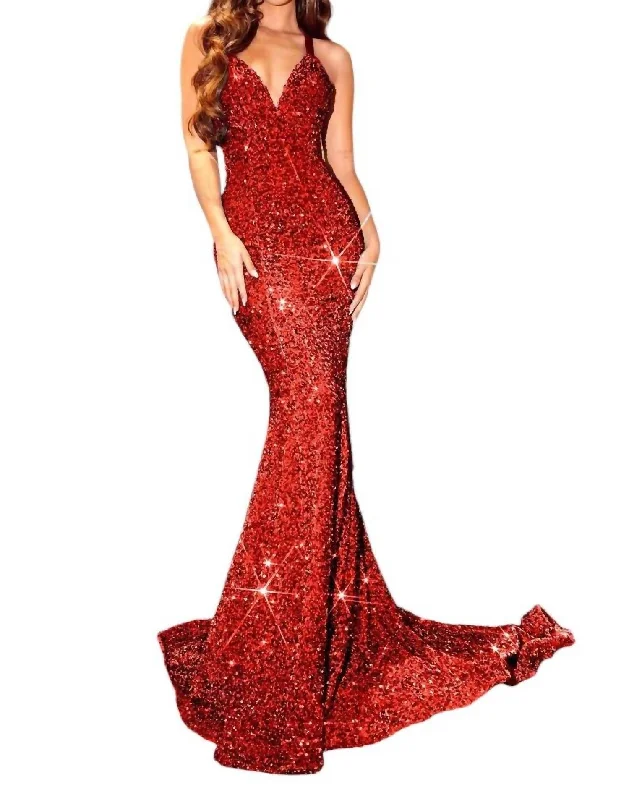 Sequin Mermaid Evening Gown In Red