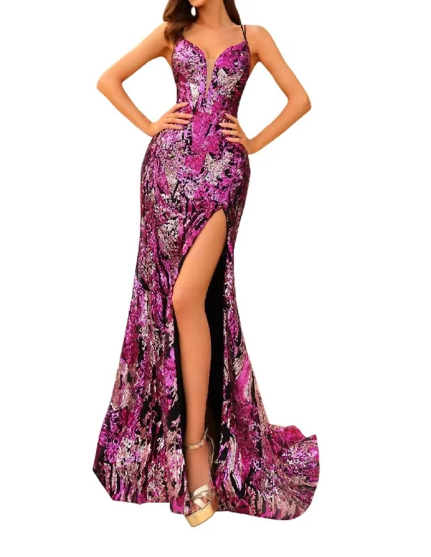 Sequin Mermaid Gown In Fuchsia/multi