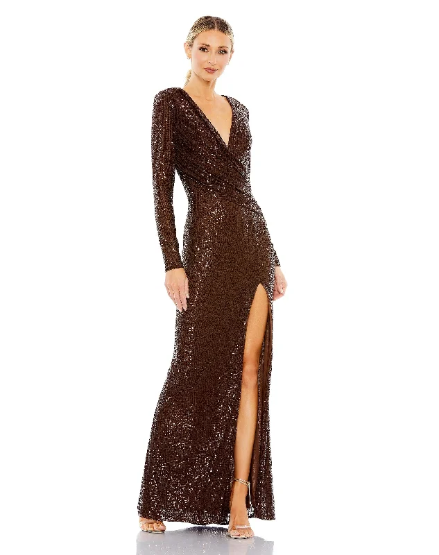 Sequined Long Sleeve Faux Wrap Ruched Gown