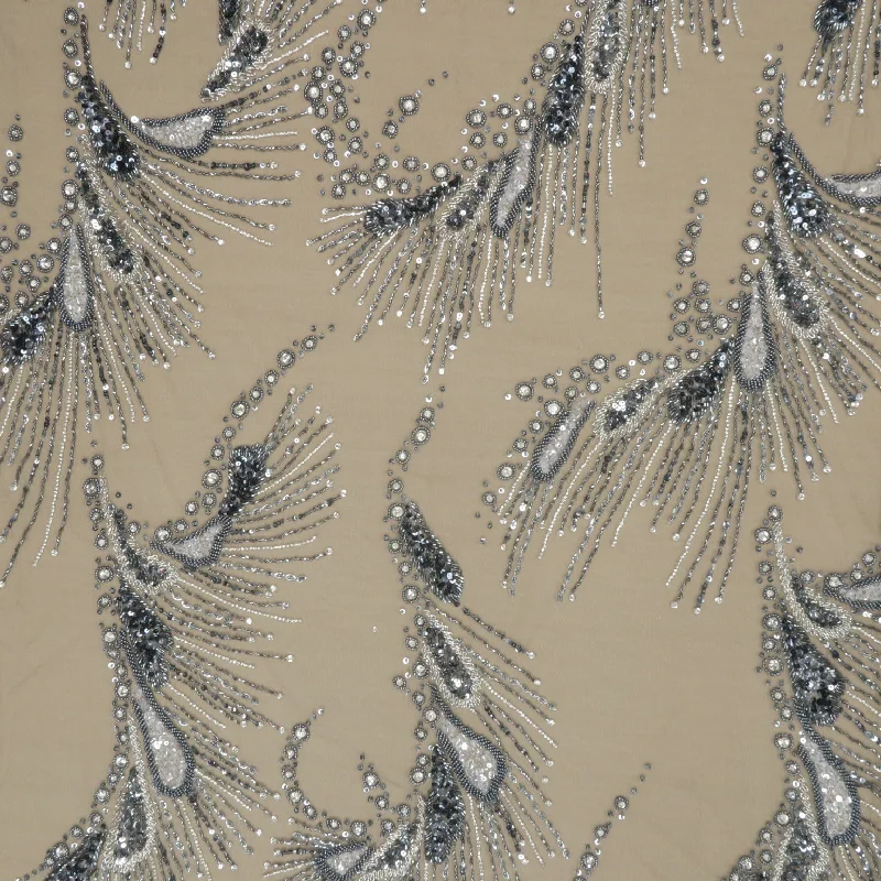 Silver Beaded and Sequined Abstract Embroidered Tulle Fabric