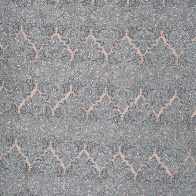 Silver Bugle Beads and Sequins Ikat on Embroidered Tulle Fabric