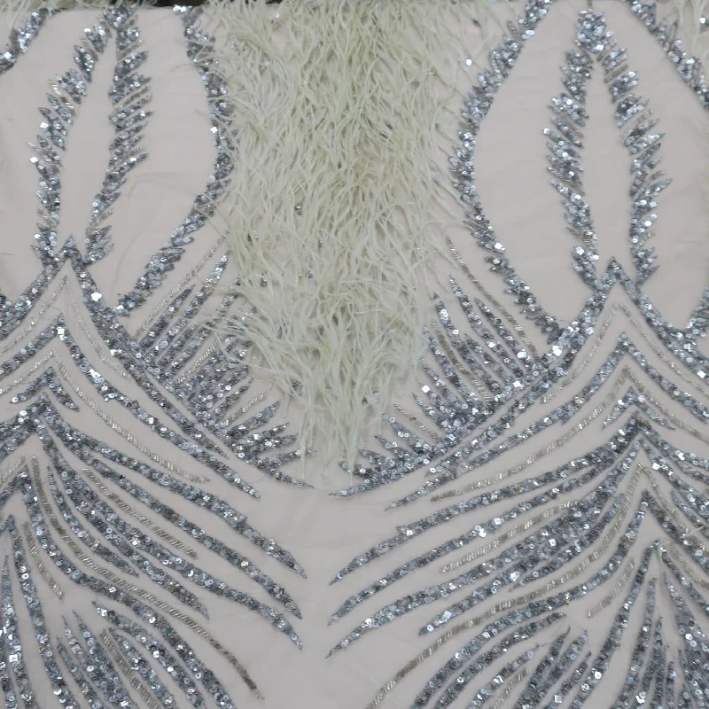 Silver Sequined Feathered Embroidered Tulle Fabric