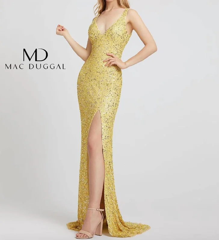 V-Neck Sequin Gown In Lemon