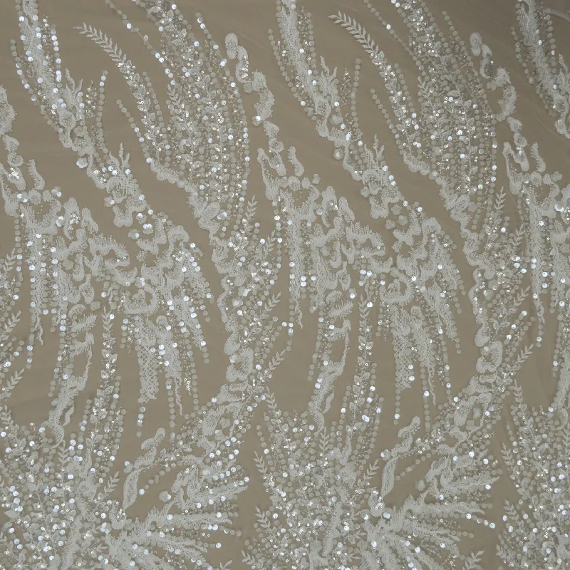 White Beaded and Sequined Abstract Embroidered Tulle Fabric