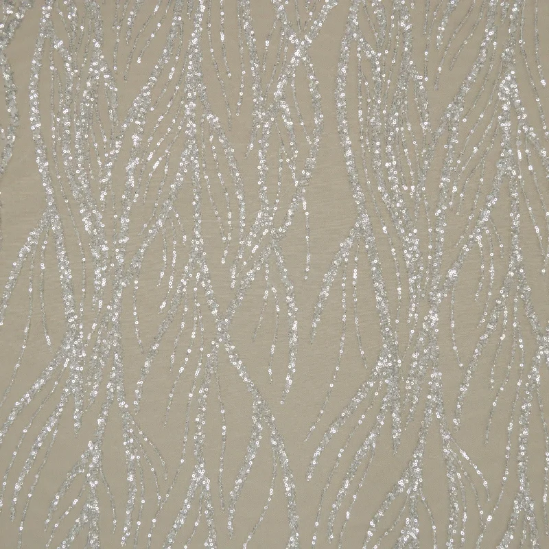 White Sequined and Beaded Abstract Embroidered Tulle Fabric