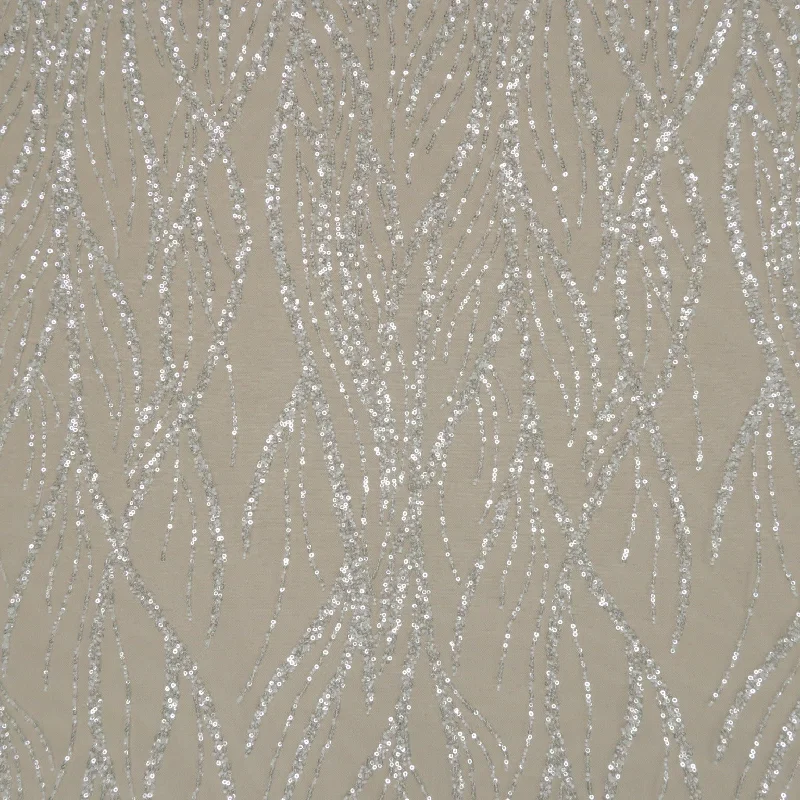 White Sequined and Beaded Abstract Tulle Fabric