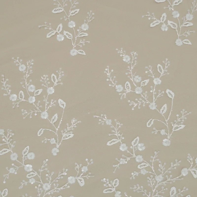 White Sequined and Beaded Flower Tulle Fabric