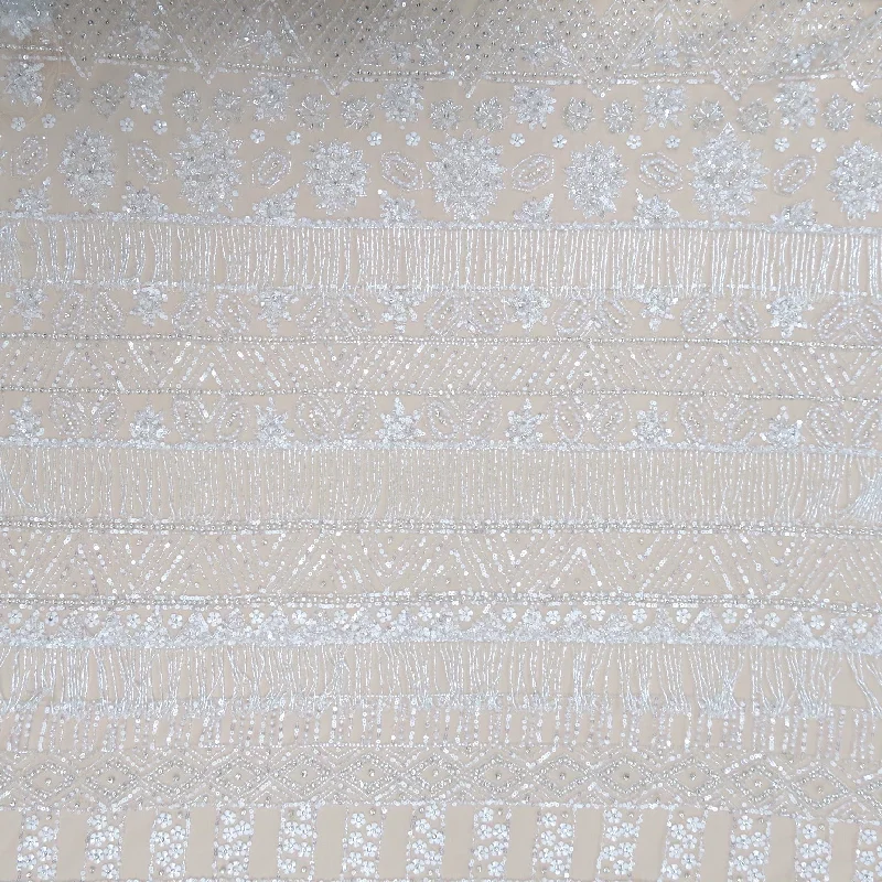 White Sequins and Bugle Beads Abstract Geometric with Fringes Embroidered Tulle Fabric