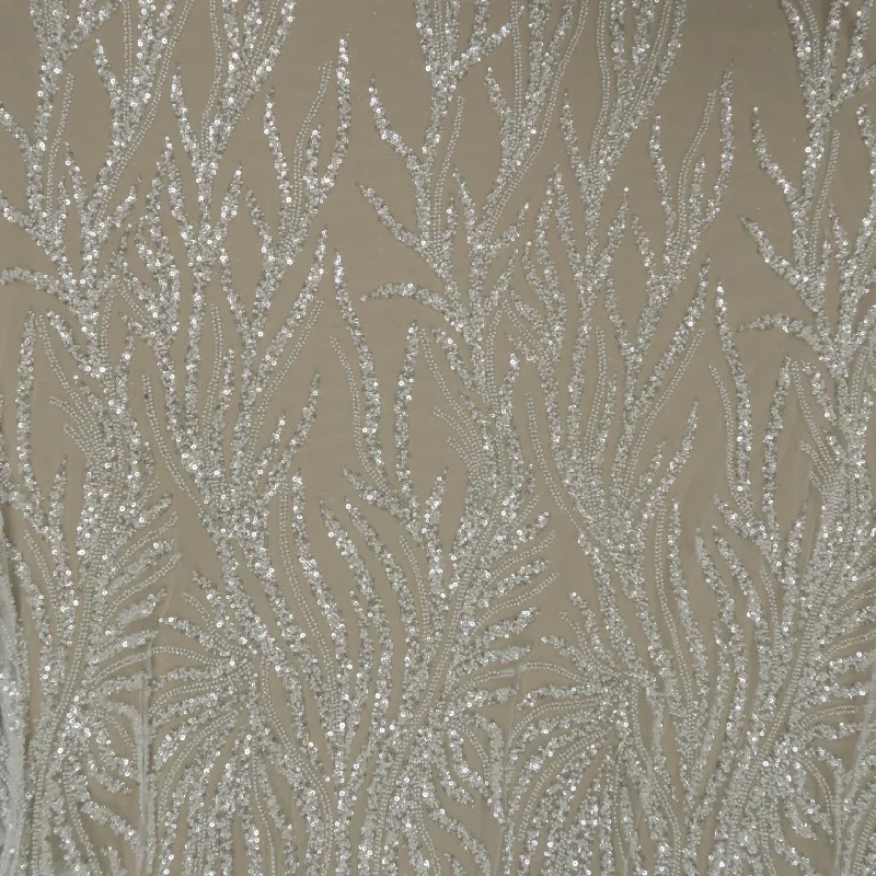 White- Silver Sequined Abstract Embroidered Tulle Fabric