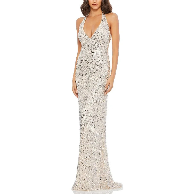 Womens Sequined Halter Evening Dress