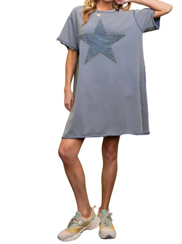 Lucky Star Patch T-Shirt Dress In Washed Denim