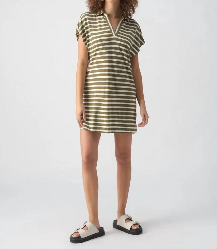 Johnny Collar T-Shirt Dress In Light Ecru Olive Stripe