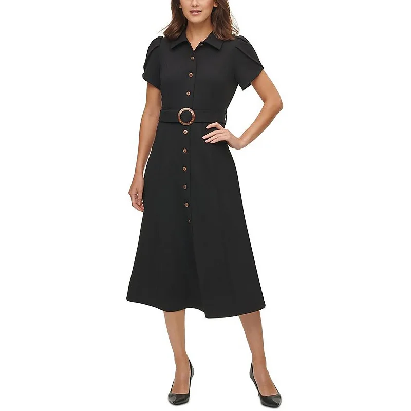 Plus Womens Belted Flounce Sleeve Shirtdress