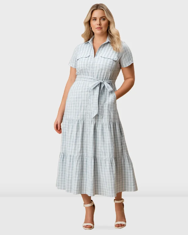 Seersucker Stripe Cotton Ruched Tier Shirt Dress |  Sky Blue